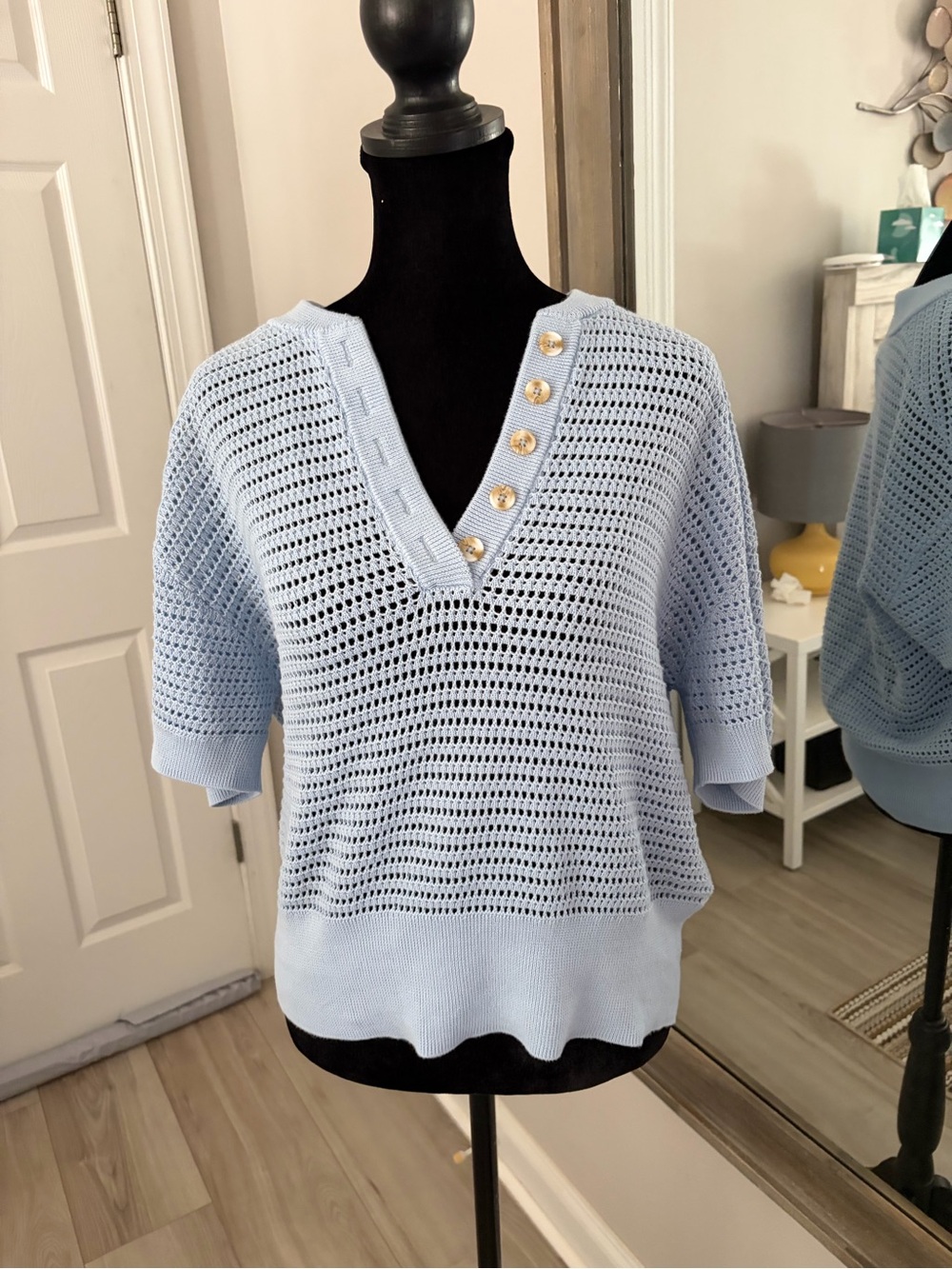 Light Callie Knit Top in Cashmere Blue V-Neck Knit Sweater with Button Detail